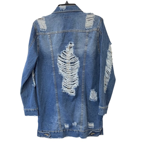 Cherry Koko Denim Distressed Knee length Coat Women’s Small Medium Wash - Picture 2 of 7